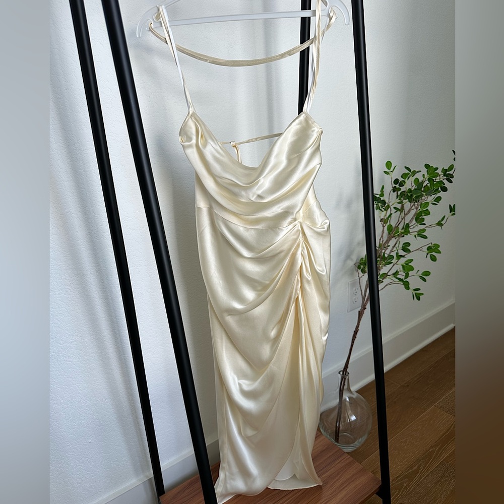 Ivory midi dress, bridal, size small, 100% silk, asymmetrical hem